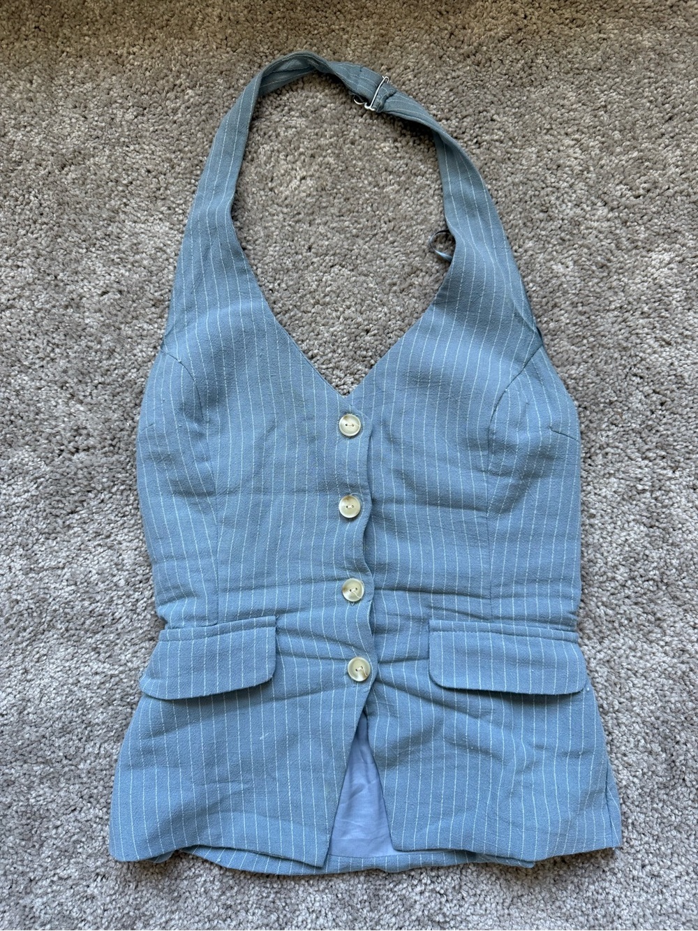 Light Blue Pinstripe Halter Button-Front Top